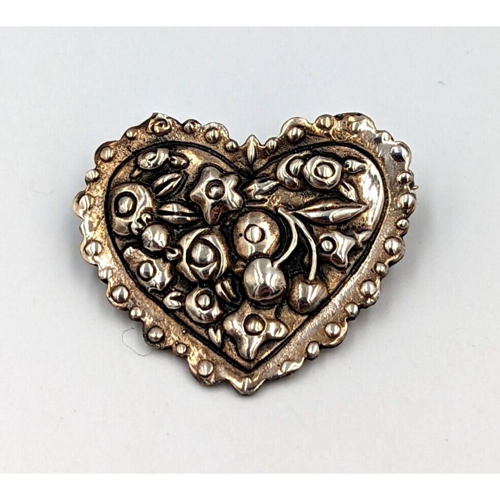 Sterling Silver Floral Heart Brooch Vintage 925 Pin 8.5 Grams Signed